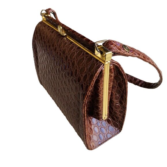Vintage Lennox Moc Croc Purse Textured Leather Pocketbook Shoulderbag Brown Gold - Picture 4 of 12
